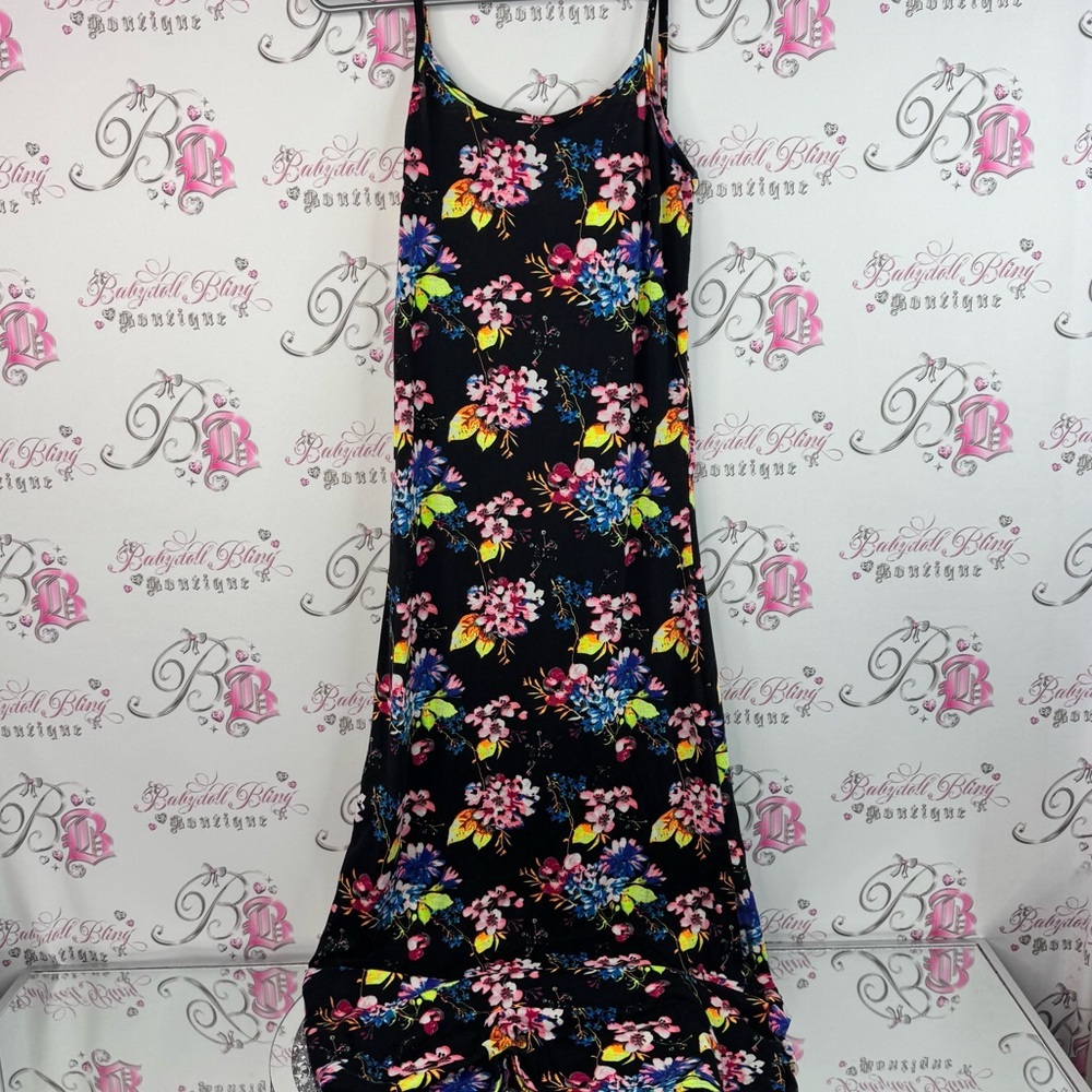 Magazine dress long maxi style neon bright flowers Vibrant Floral Dress Black